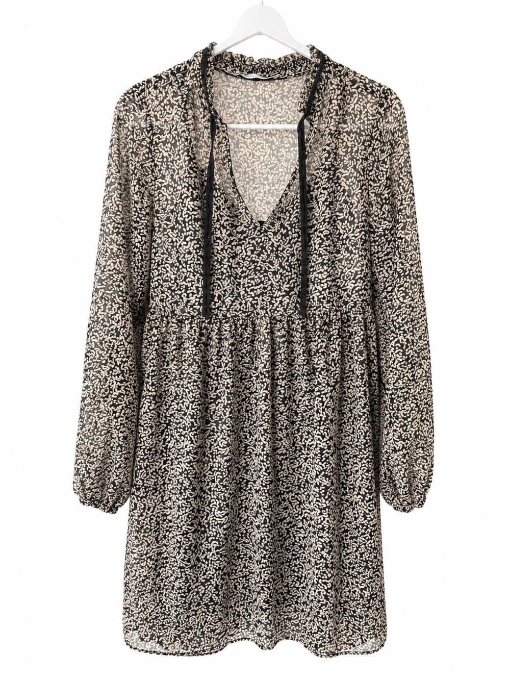 Promod Black and Cream Printed V-Neck Long-Sleeve Dress